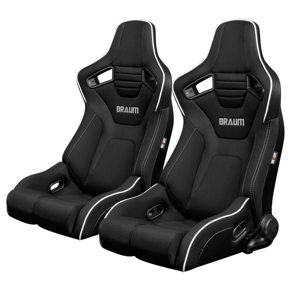 BRAUM Racing Elite-R Series Racing Seats (Black Cloth & White Piping) - Outcast Garage